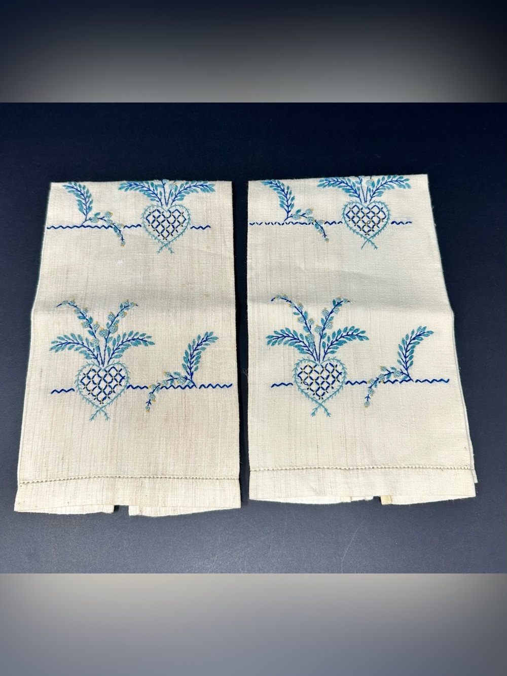 Vintage Linen Beige Hand Blue Embroidered Napkins A3